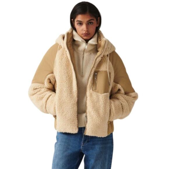 ba&sh Tan Eva Mixed Media Canvas Shearling Hooded Coat - Picture 2 of 12